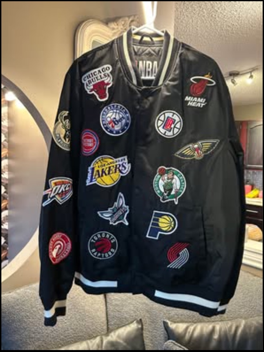 NBA Black Satin Patchwork Varsity Bomber Jacket